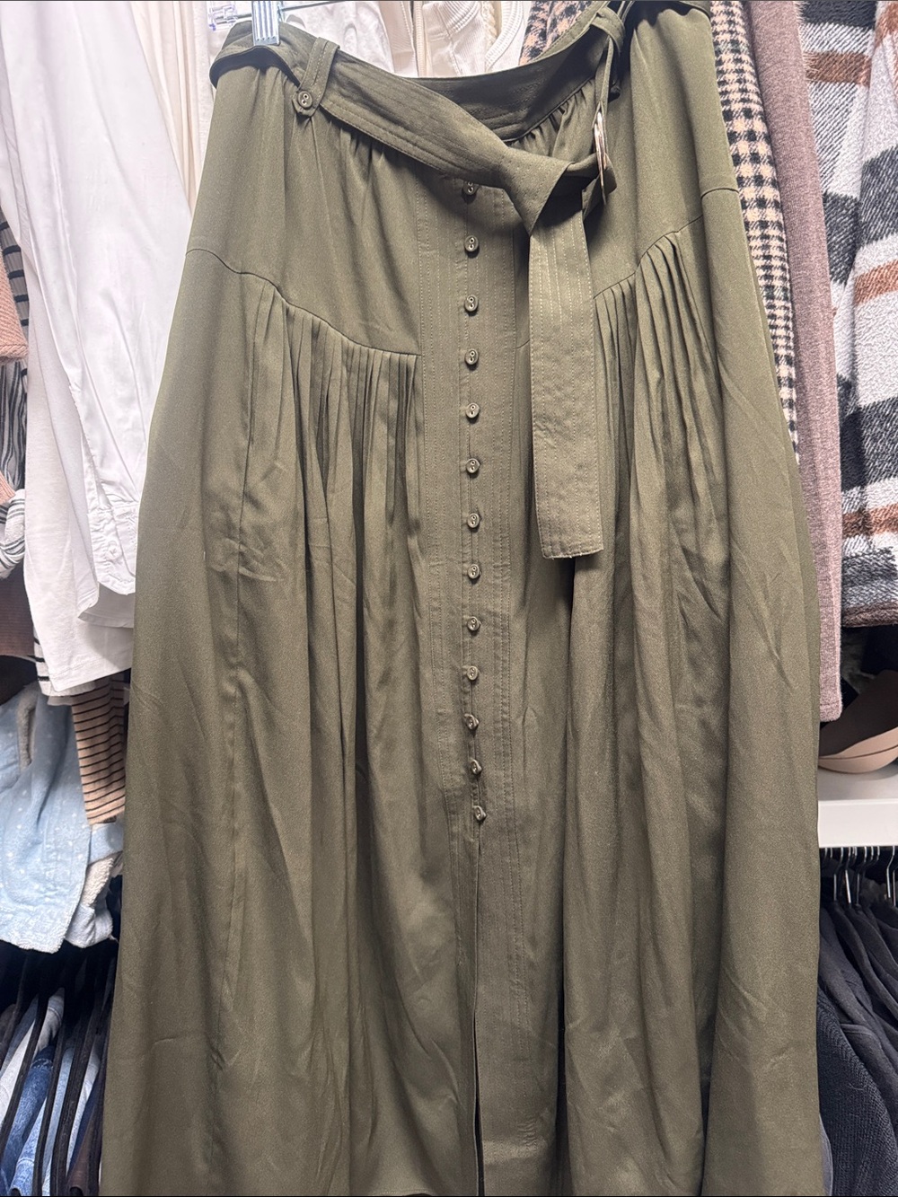 White House Black Market Olive Green Button-Front Maxi Skirt with Waist Tie